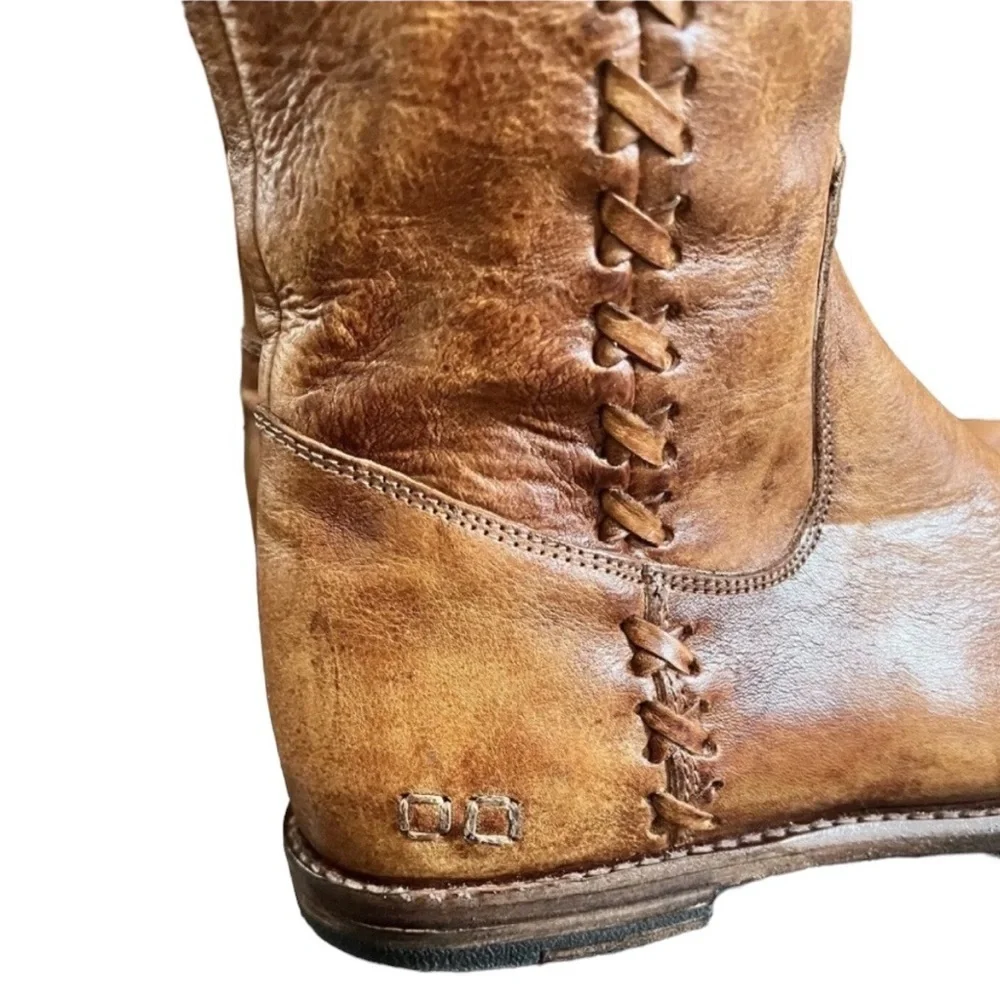 BED STU Hoplia Tan Driftwood Fringe Trim Riding Boots Size 7.5